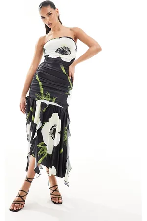 Ax Paris Slinky ruched bandeau asymmetric ruffle hem maxi dress in
