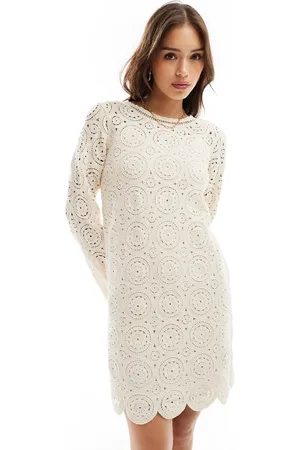 Object Lace mini dress with scalloped hem in cream-White