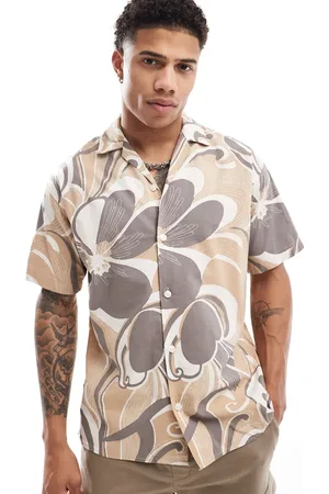 JACK & JONES Premium cotton revere collar shirt in brown retro floral