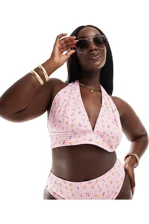 ASOS Curve Angie high apex halter triangle bikini top in gingham floral-Pink