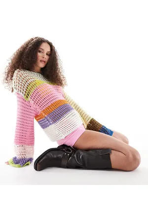 Monki Long sleeve loose knit sweater in multi colour stripes