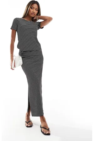 In The Style Reversible bodycon side split midi skirt in black stripe (part of a set)-Multi