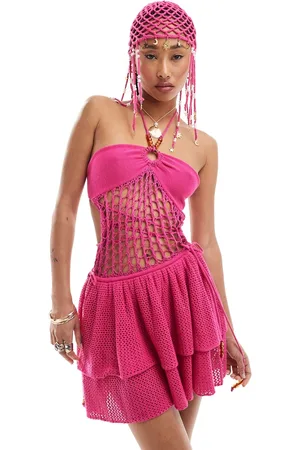 Easy Tiger Crochet asymmetric mini dress in hot