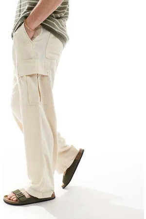 JACK & JONES Wide fit linen mix cargo pants in ecru-White
