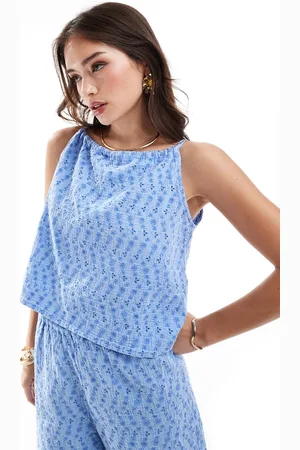ONLY Embroidered cami top in blue (part of a set)