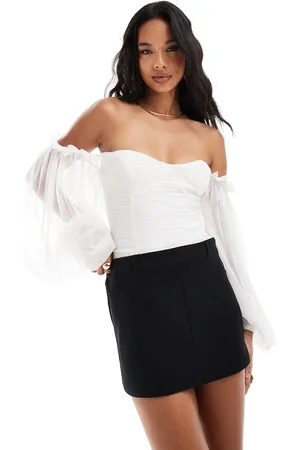 Lace & Beads Balloon sleeve ruched bodysuit in -White