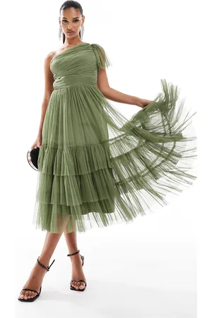 Lace & Beads Bridesmaid Madison one shoulder tulle midi dress in -Green