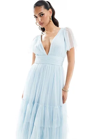 Lace & Beads Bridesmaid Madison v neck tulle midi dress in
