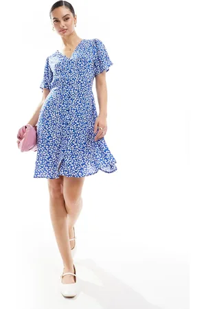 ONLY V neck tie waist mini dress in dark blue floral