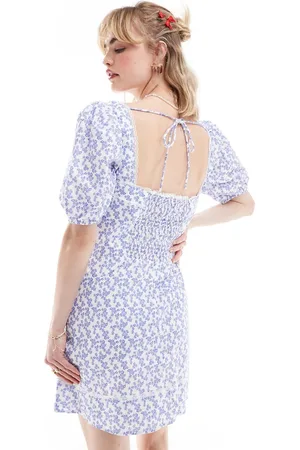 Glamorous Ditsy print puff sleeve mini dress in blue