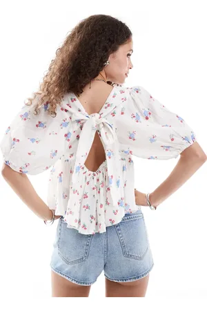 Free People Floral print blouse with puff sleeve in ivory-White