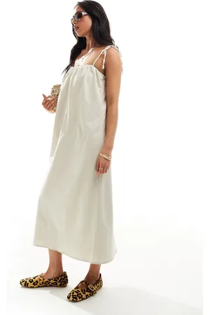 NA-KD Linen blend strapless midi dress in -Neutral