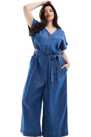 ONLY Short sleeve denim jumpsuit in mid wash-Blue