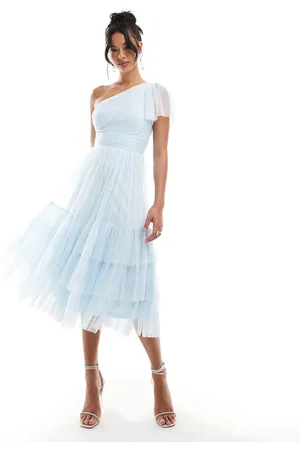 Lace & Beads Bridesmaid Madison one shoulder tulle midi dress in