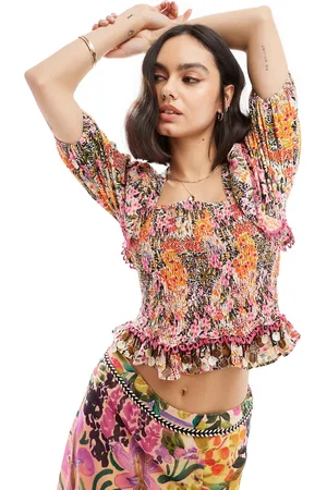 HOPE & IVY Smock top with embellished trim in floral (part of a set)