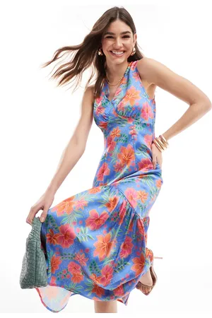 ANAYA Tie back satin midaxi dress in tropical blue floral