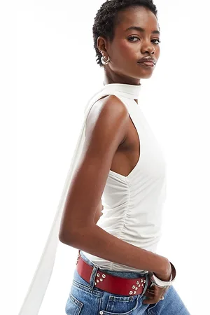 Daisy Street Scarf detail one shoulder soft touch top in -White