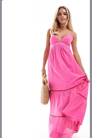 ONLY Tiered maxi dress with contrast lace in pink
