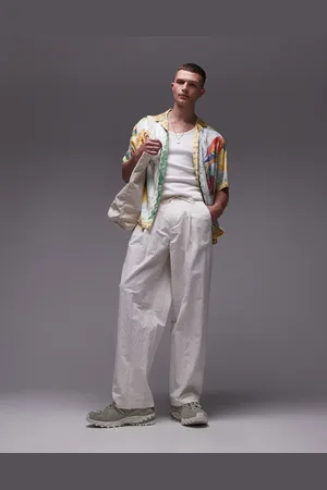 Topman Premium wide leg paper bag pants in -White