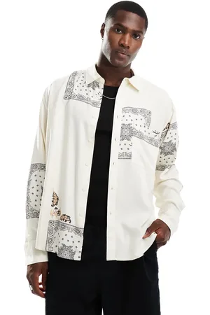 Only & Sons Long sleeve tile print shirt in stone-Neutral
