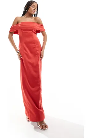 ANAYA Bardot satin maxi dress in red