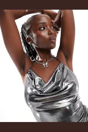 COLLUSION Lame halter top in grey