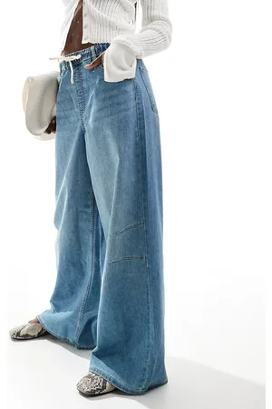 Bershka Denim look pull on wide leg pants in mid wash
