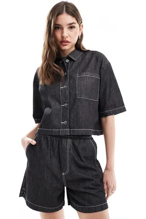 COLLUSION Oversized short sleeve lightweight denim shirt with contrast stitch (part of a set)-Black