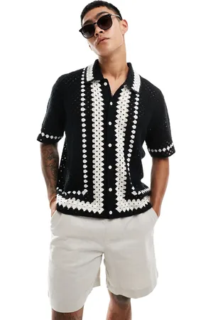 Abercrombie & Fitch Button through border stripe crochet knit polo in black