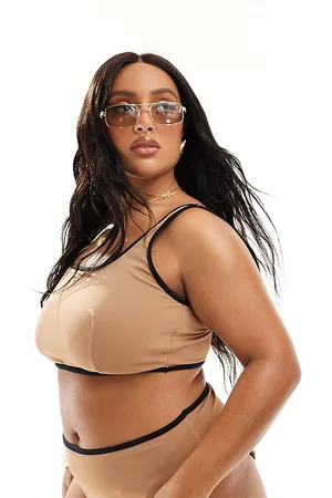 ASOS Curve contrast binding crop bikini top in -Brown
