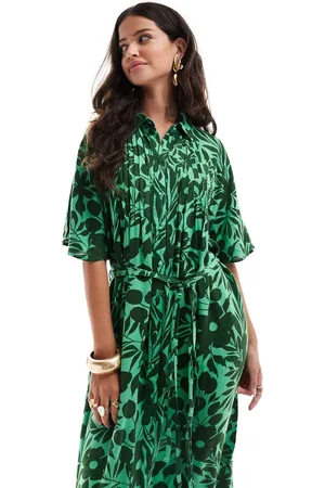 Y.A.S Floral belted t-shirt midi dress in green print
