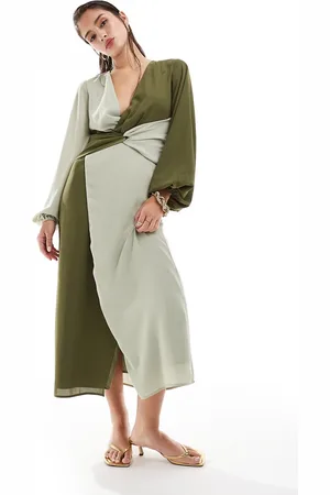 Pretty Lavish Knot front contrast midi dress in olive and sage-Green