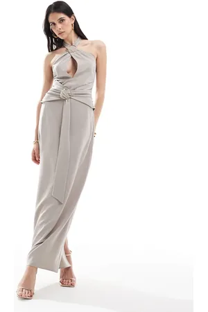 Pretty Lavish Halterneck ring detail maxi dress in stone-White
