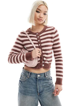Daisy Street Micro button up knit cardigan in pink brown stripe-Multi