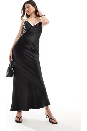 SNDYS Satin cami plunge maxi dress with contrast seam detail in black