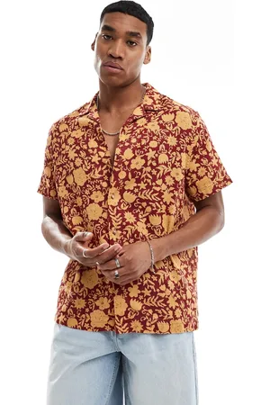 ASOS Relaxed revere textured shirt in orange and floral print-Multi