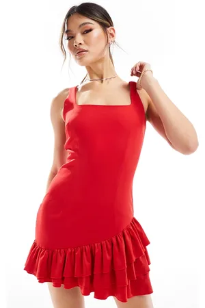 Kaiia Sleeveless square neck ruffle hem mini dress in