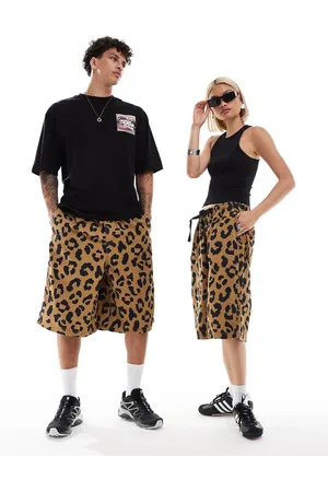 COLLUSION Unisex washed leopard print longline shorts-Blue