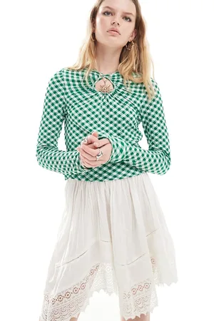 Neon Rose Slinky gingham long sleeve keyhole top in green
