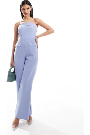 Kaiia Tailored bandeau foldover wide leg jumpsuit in blue
