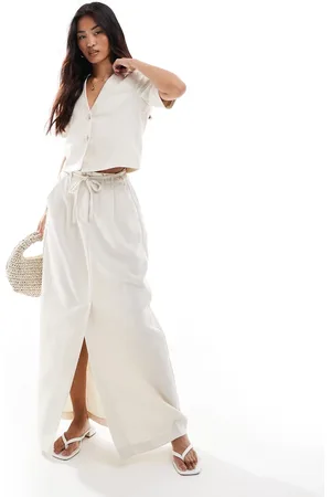 VERO MODA Mix and Match linen touch tie waist column maxi skirt with front split in beige-White