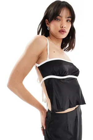 SNDYS Satin cami tie back detail top with contrast bust seam detail in black (part of a set)