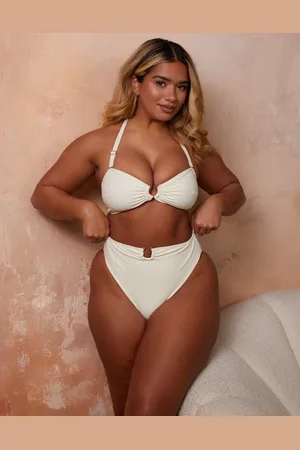 Wolf & Whistle X Natalie Gessey high waist bikini bottoms with gold trim detail in -White