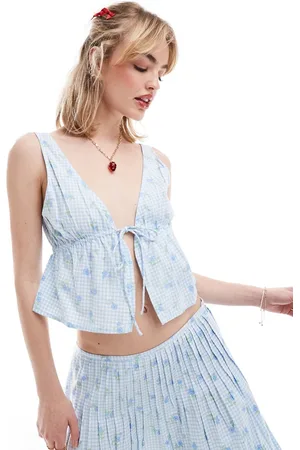 Motel Ditsy floral gingham tie front blouse in baby blue