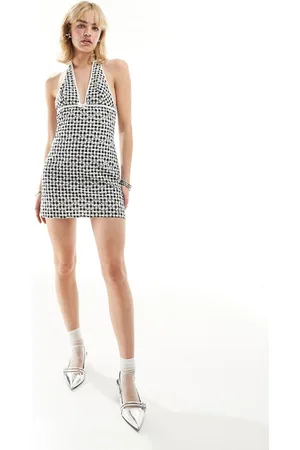 Motel Corla floral gingham halter mini dress in black-Multi