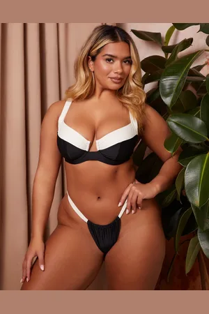 Wolf & Whistle X Natalie Gessey bikini bottoms in and white with contrast detail