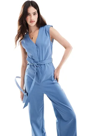 ASOS Sleeveless linen look jumpsuit with waisted belt in -White