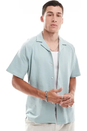 JACK & JONES Oversized textured revere collar shirt in pale blue