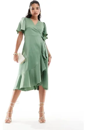 Y.A.S Bridesmaid satin wrap midi dress in green