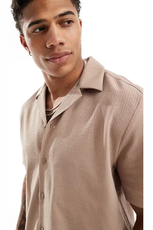 River Island Revere collar seersucker shirt in stone-Neutral
